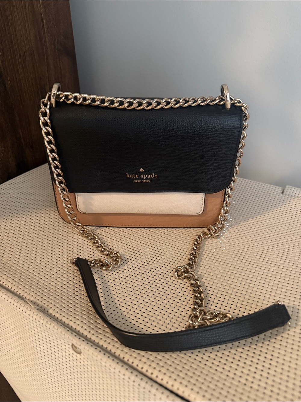 kate spade Colorblock Leather Chain Crossbody in Black, Cream & Tan